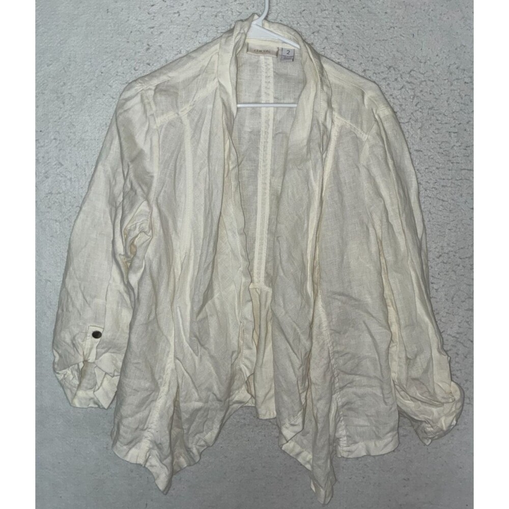 Chico's sz 2 Large 100% Linen OFF White Jacket Open Front Tab 3/4 Sleeve